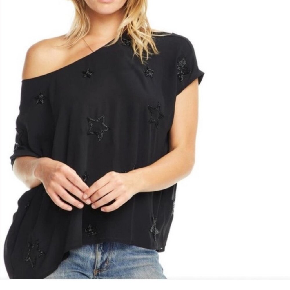 Chaser‎ Boxy Black Star Beaded Blouse Loose Fit Lined Scoop Back Oversized M